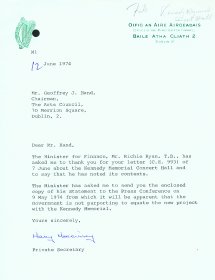 Letter from Mary Morrissey, Office of the Minister for Finance to Geoffrey J. Hand, Chairman of the Arts Council. 